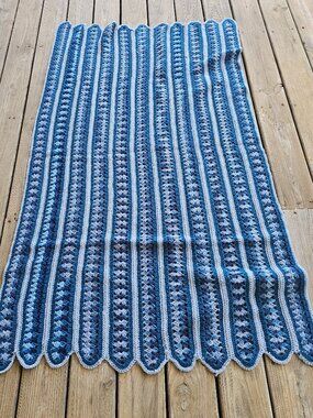 Hand Made Crochet Strip Blanket Blue Ocean Classic Mile A Minute Design Scallop